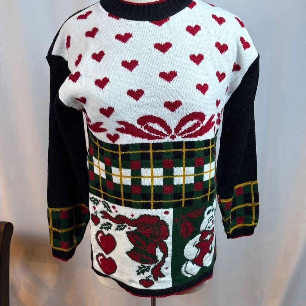 Nutcracker Charming Holiday Sweater, Plaid, Red Hearts and Teddy Bear, Small